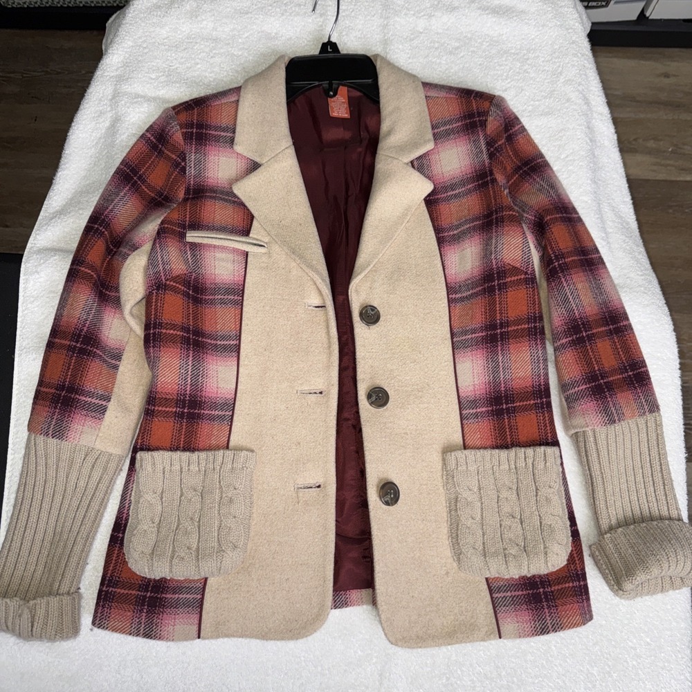 Sundance Plaid Wool Sweater Blazer Women Size 2 Pink Purple Beige Mixed Media